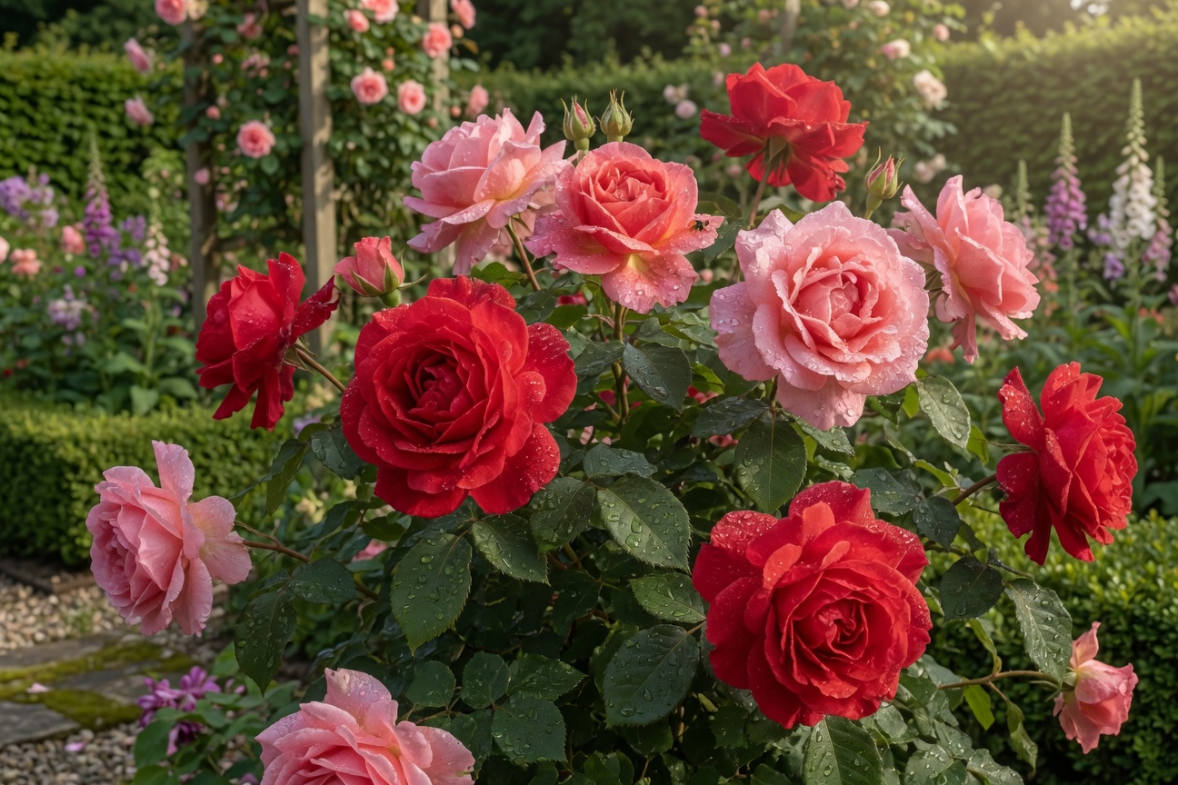 Frische rote und rosafarbene Rosen mit Tautropfen – Inspiration für die Blumensignatur