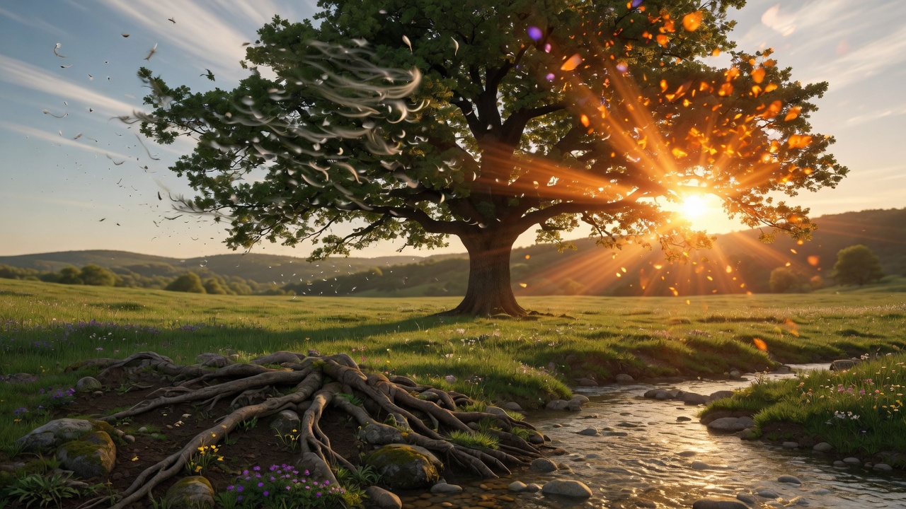 Lebensbaum mit den vier Elementen: Luft links und Feuer rechts in der Krone, Erde links und Wasser rechts an den Wurzeln – alles fließt durch den Baum zusammen